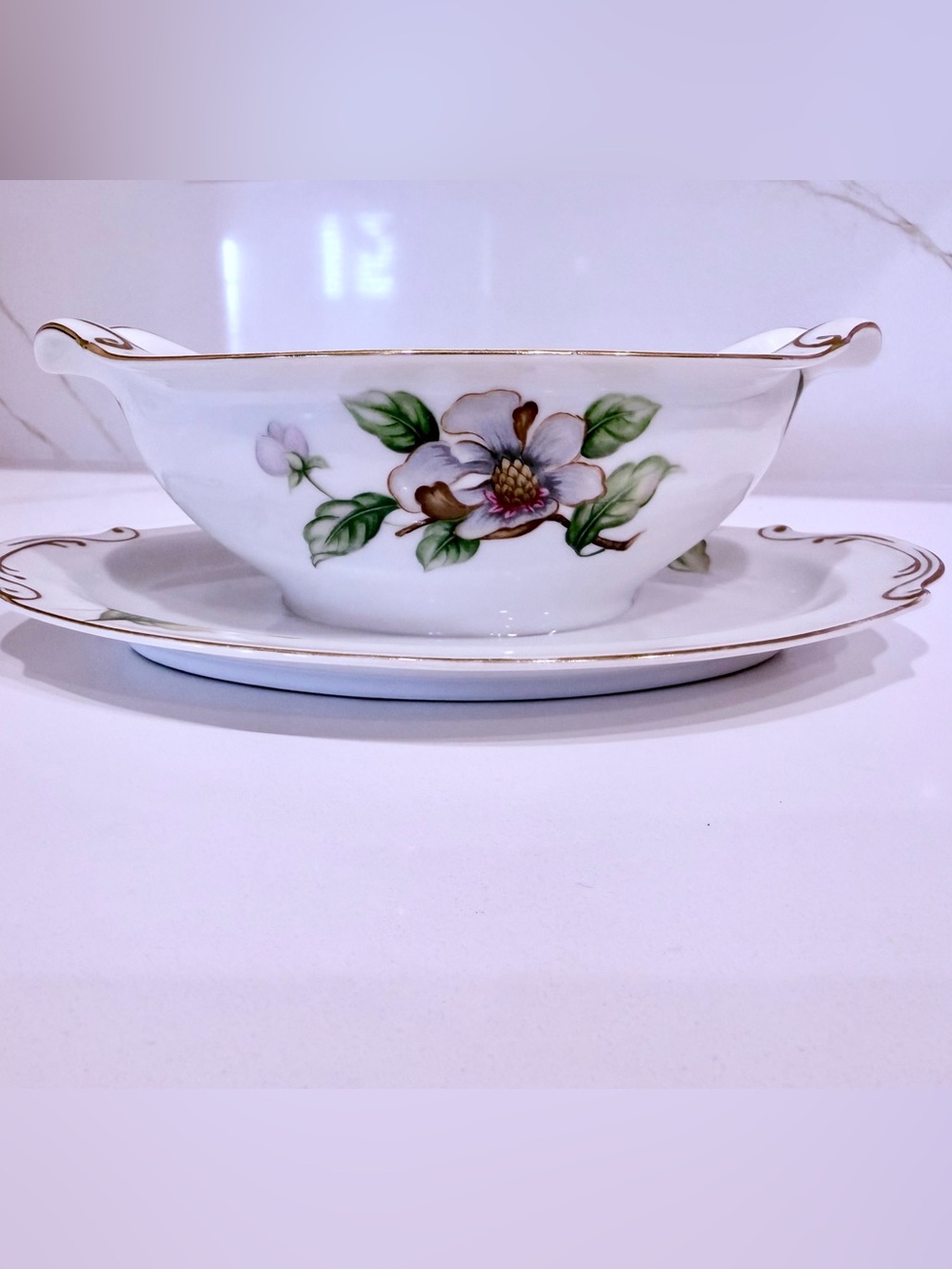 Vintage Roselyn China - Dogwood Gravy Boat with Attached Underplate